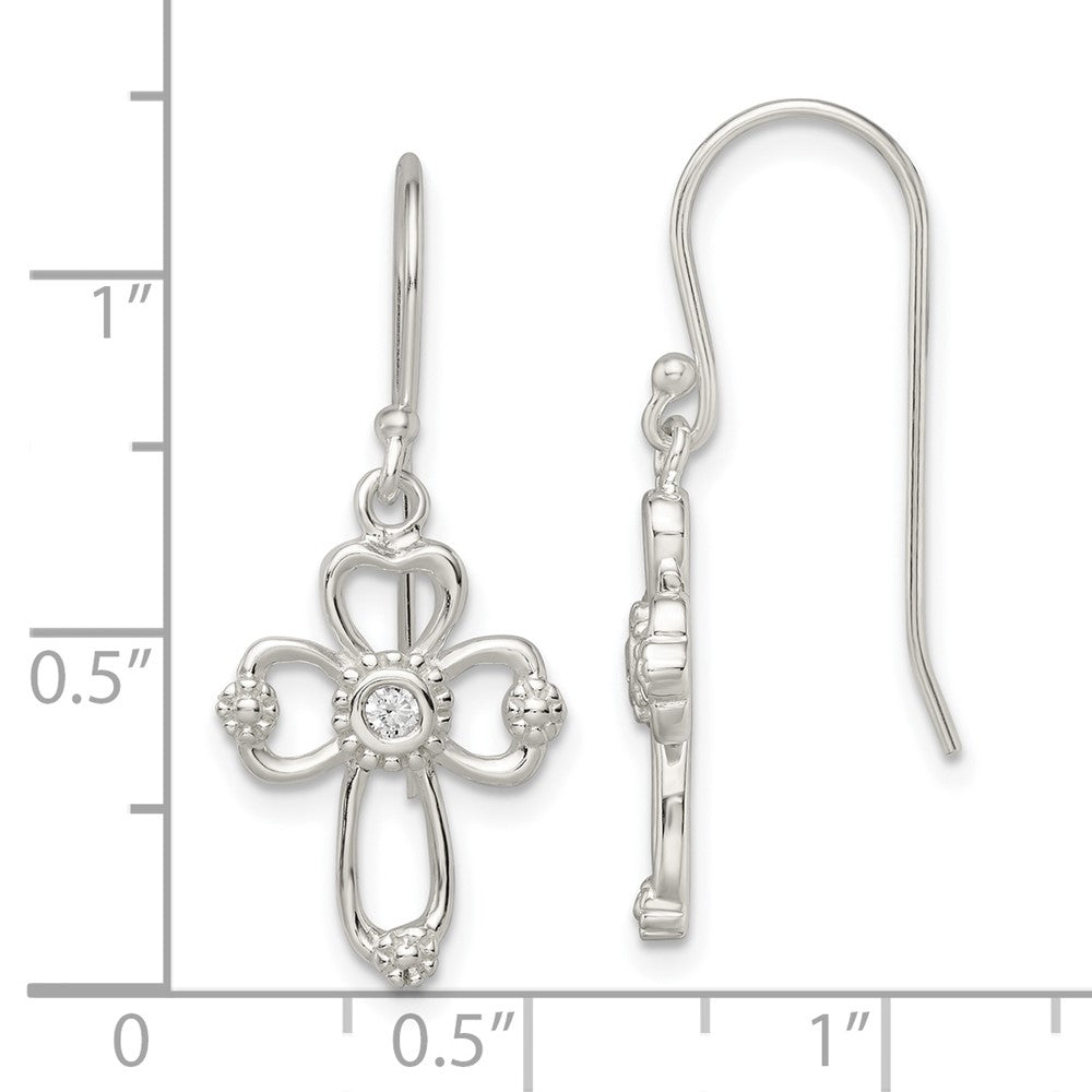Sterling Silver Polished & Beaded Cz Cross Dangle Earrings