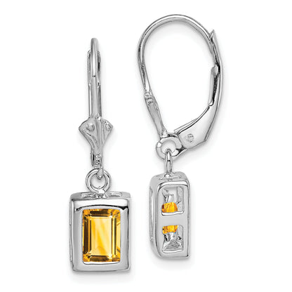 Sterling Silver Rhodium Plated 7X5 Emerald Cut Citrine Leverback Earrings