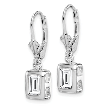 Sterling Silver Rhodium Plated 7X5 Emerald Cut Cz Leverback Earrings