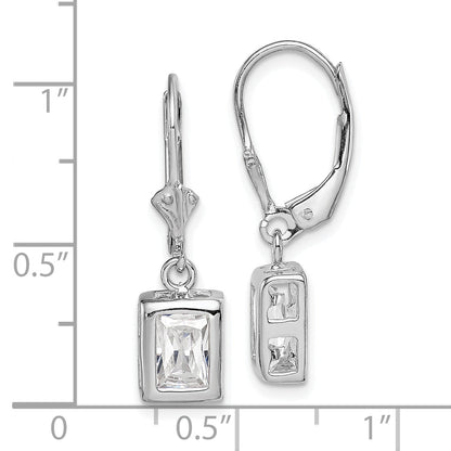 Sterling Silver Rhodium Plated 7X5 Emerald Cut Cz Leverback Earrings