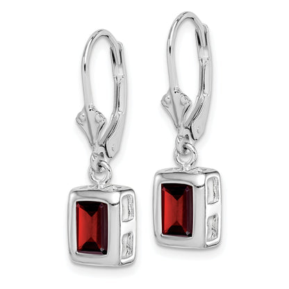 Sterling Silver Rhodium Plated 7X5 Emerald Cut Garnet Leverback Earrings