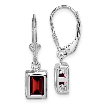 Sterling Silver Rhodium Plated 7X5 Emerald Cut Garnet Leverback Earrings