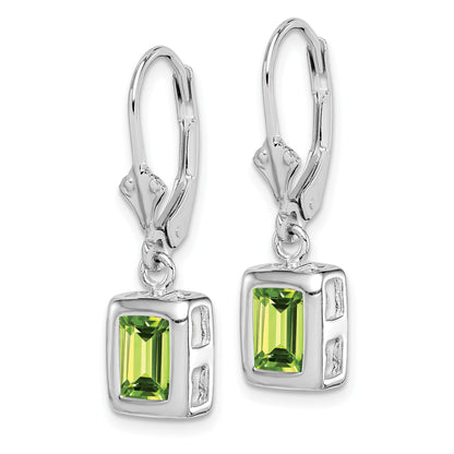 Sterling Silver Rhodium Plated 7X5 Emerald Cut Peridot Leverback Earrings