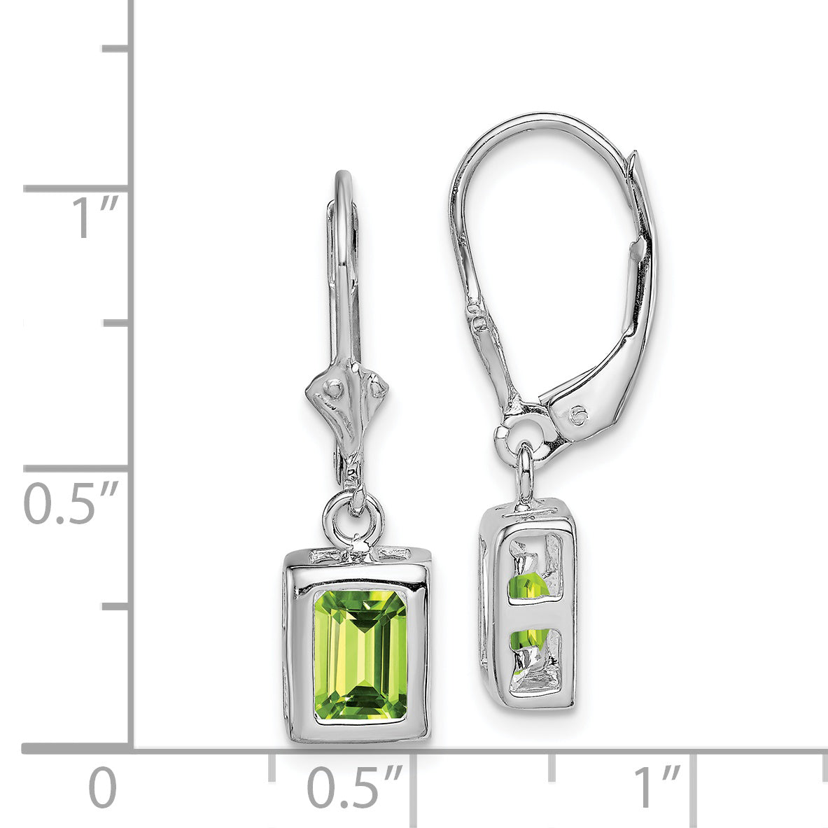 Sterling Silver Rhodium Plated 7X5 Emerald Cut Peridot Leverback Earrings