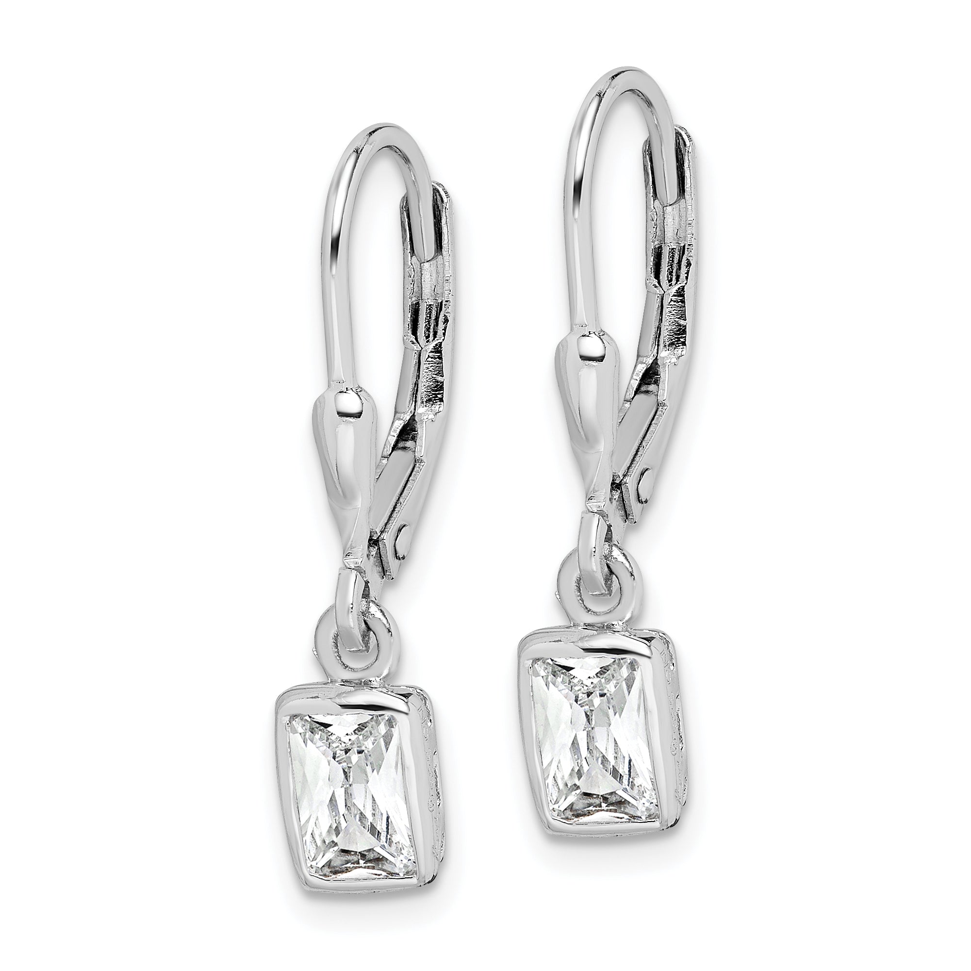 Sterling Silver Rhodium-Plated Emerald-Cut 6X4mm Cz Leverback Earrings
