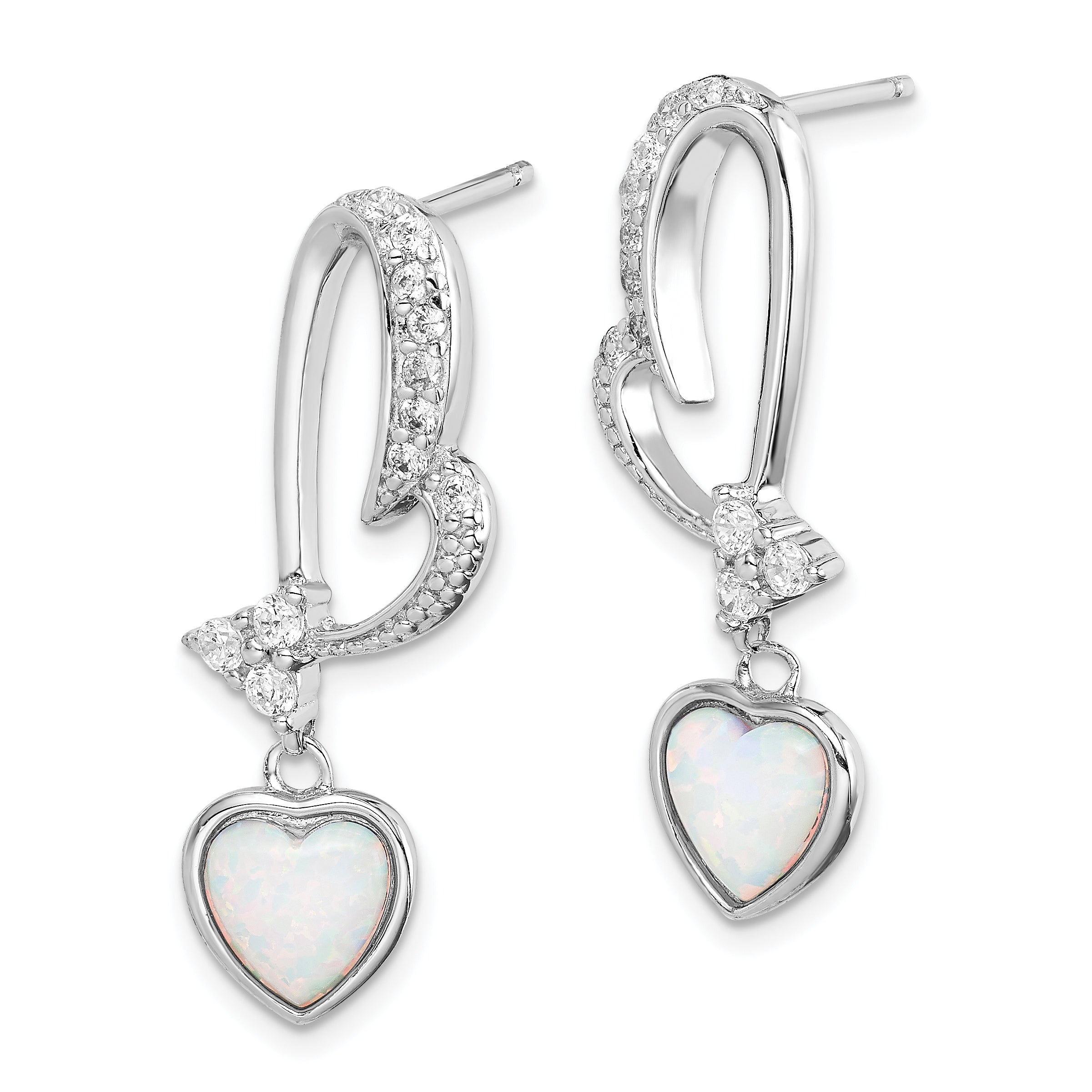 Sterling Silver Rhodium Plated Created Opal And Cz Heart Earrings