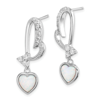 Sterling Silver Rhodium Plated Created Opal And Cz Heart Earrings
