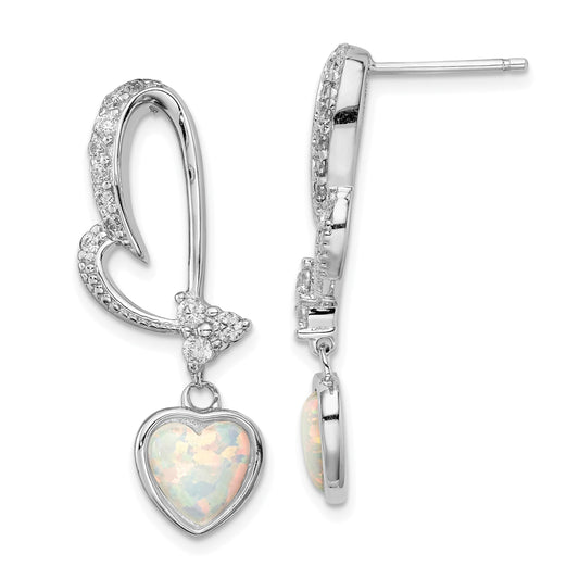 Sterling Silver Rhodium Plated Created Opal And Cz Heart Earrings