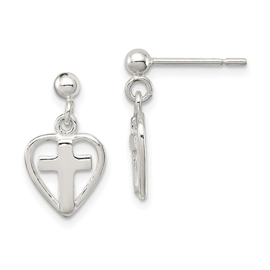 Sterling Silver Polished Cross In Heart Post Dangle Earrings