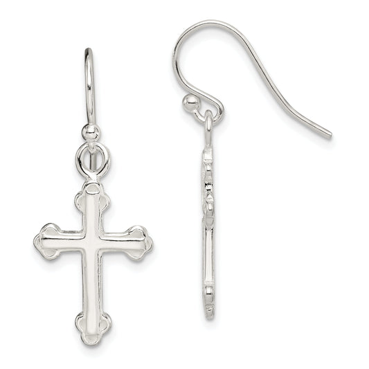 Sterling Silver Polished Budded Cross Dangle Earrings