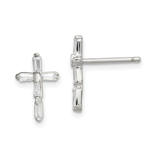 Sterling Silver Rhodium-Plated Polished Cz Cross Post Earrings