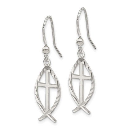 Sterling Silver Polished & D/C Cross Ichthus Dangle Earrings