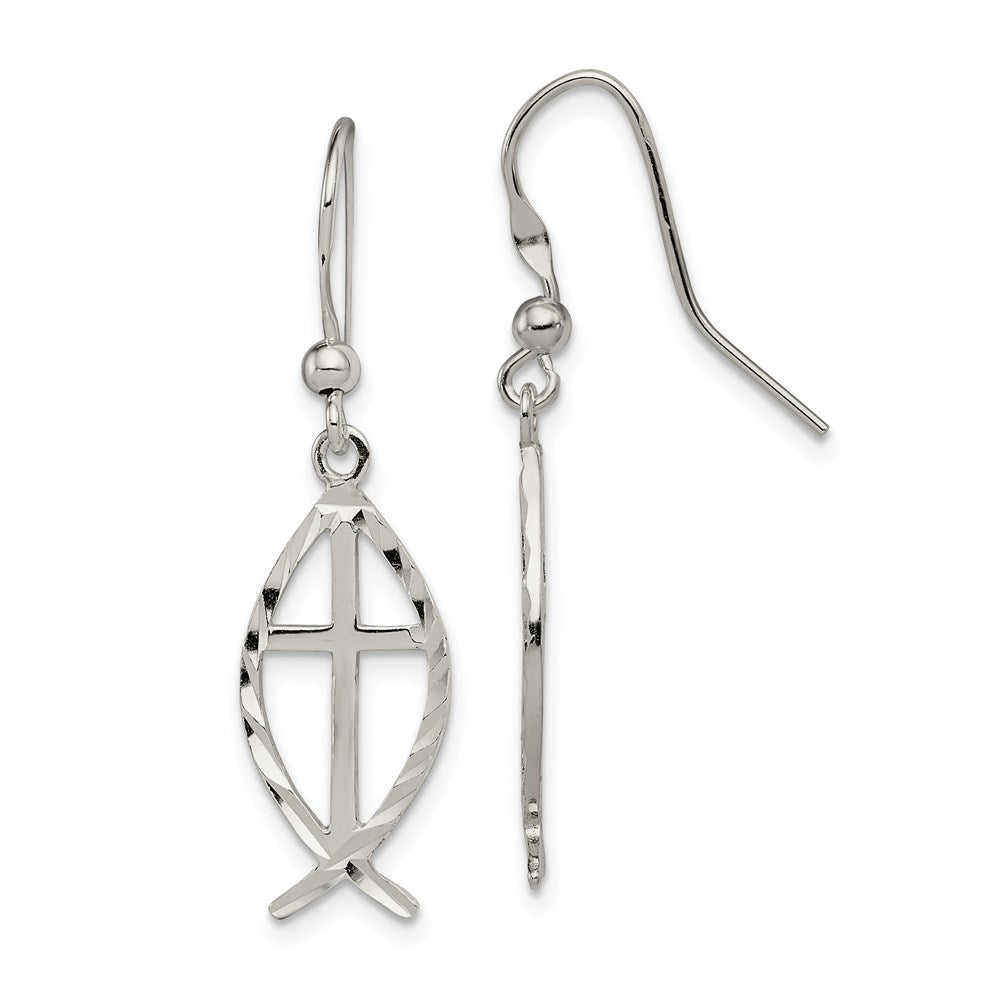 Sterling Silver Polished & D/C Cross Ichthus Dangle Earrings