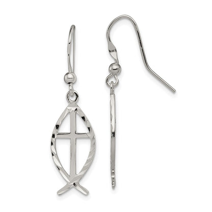 Sterling Silver Polished & D/C Cross Ichthus Dangle Earrings