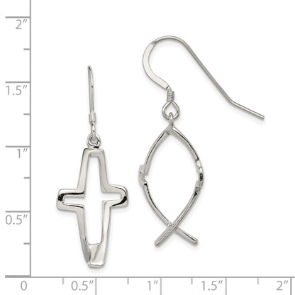 Sterling Silver Polished Cross Ichthus Dangle Earrings