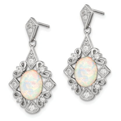 Sterling Silver Rhodium-Plated Created Opal And Cz Earrings