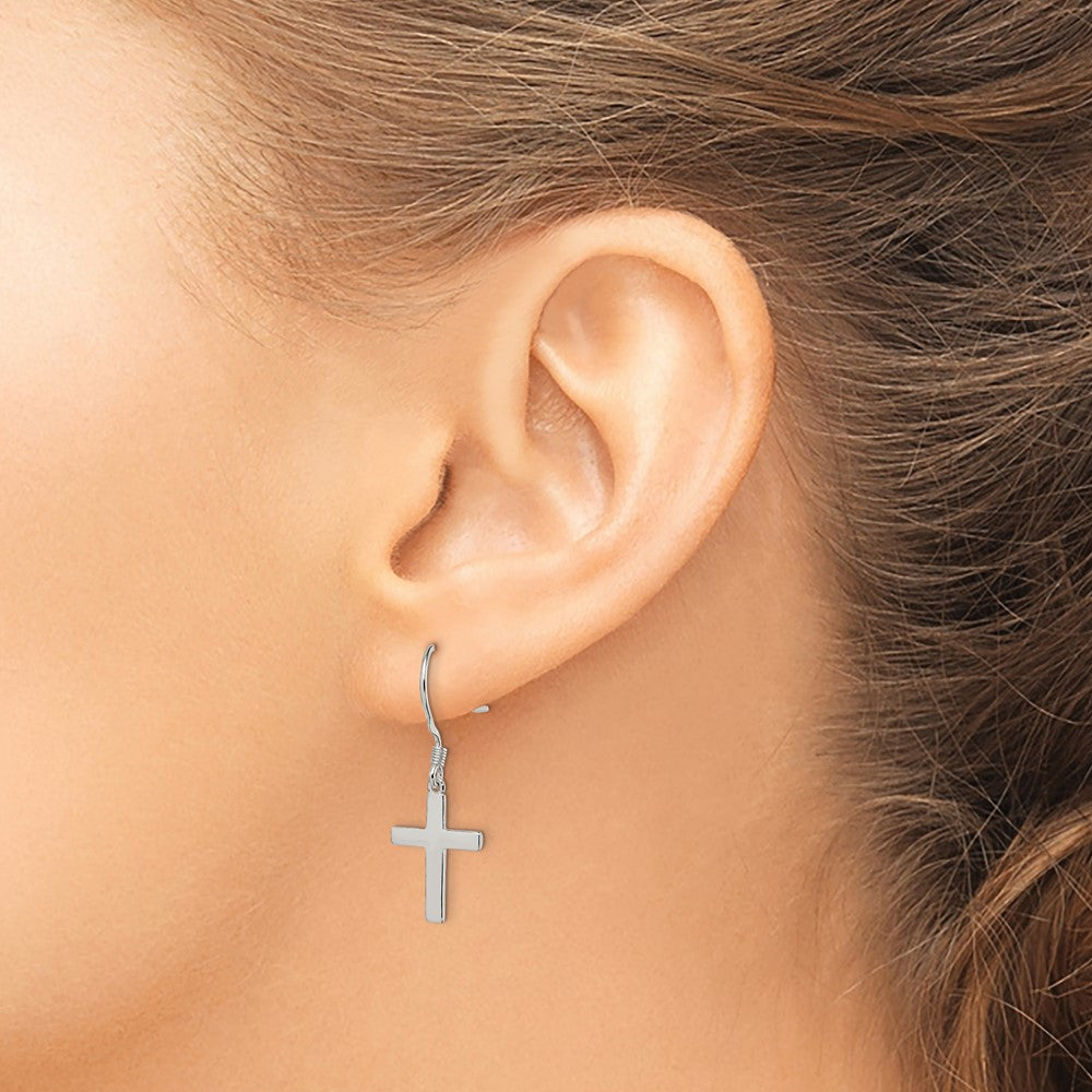 Sterling Silver Rhodium-Plated Polished Cross Dangle Earrings