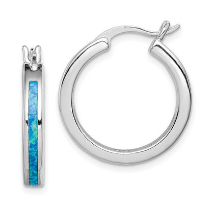 Sterling Silver Rhod-Plated Created Blue Opal Inlay Round Hoop Earrings