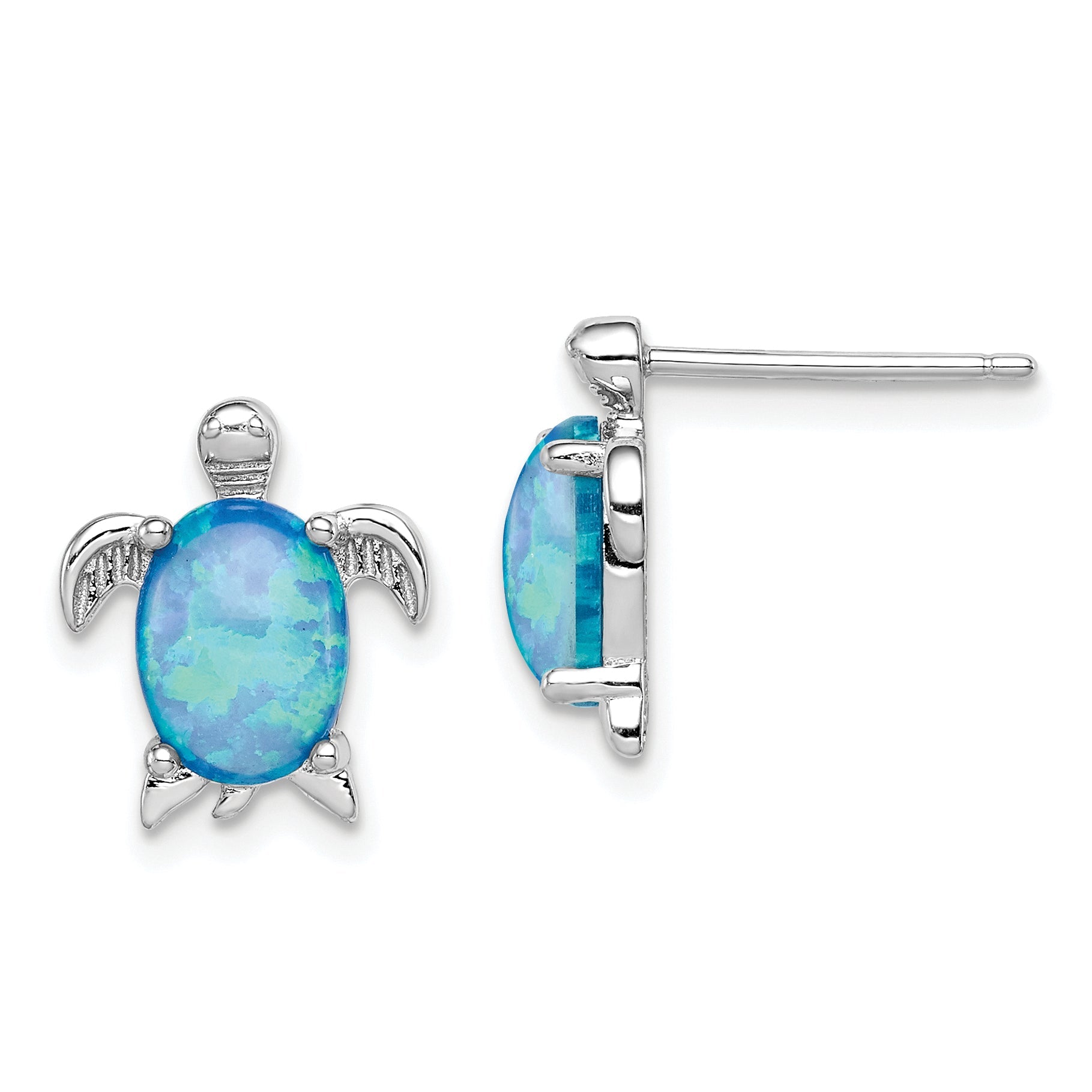 Sterling Silver Rhodium-Plated Created Opal Polished Turtle Post Earrings