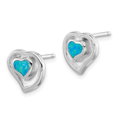 Sterling Silver Rhodium-Plated Created Blue Opal Inlay Heart Post Earrings
