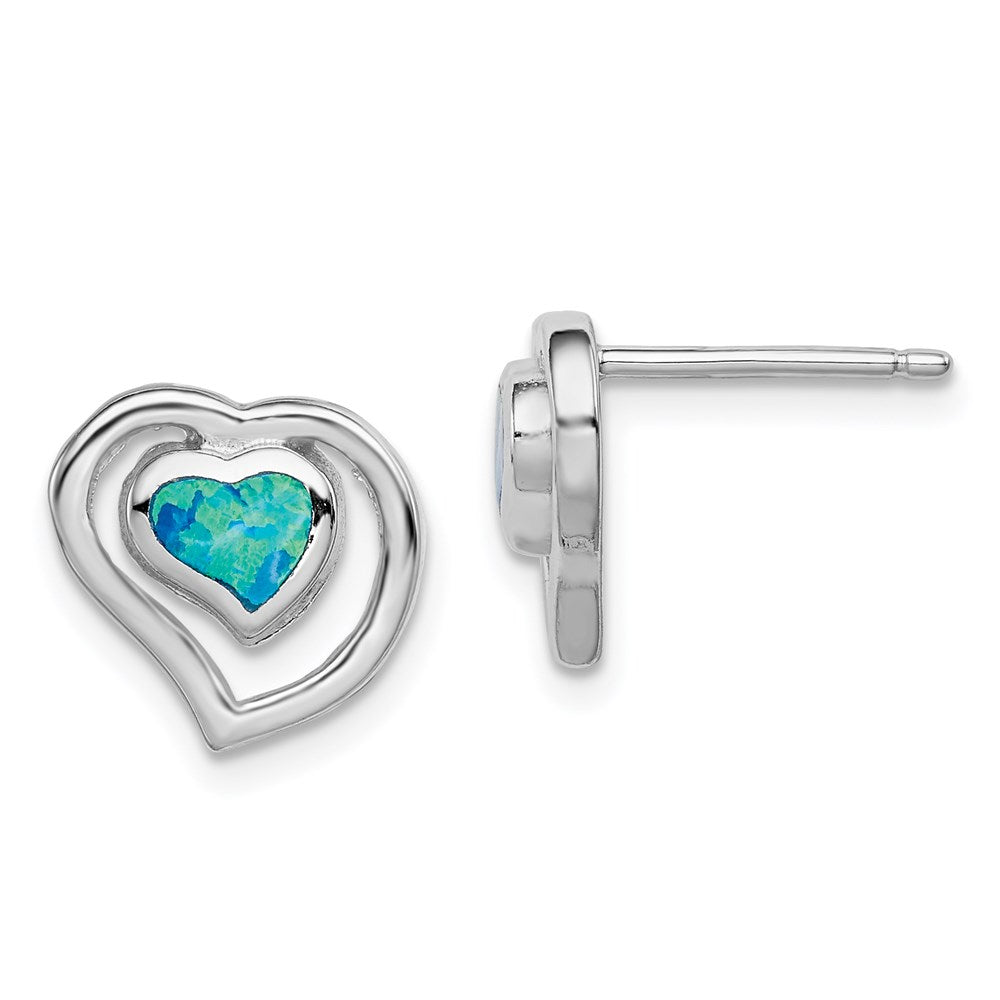 Sterling Silver Rhodium-Plated Created Blue Opal Inlay Heart Post Earrings