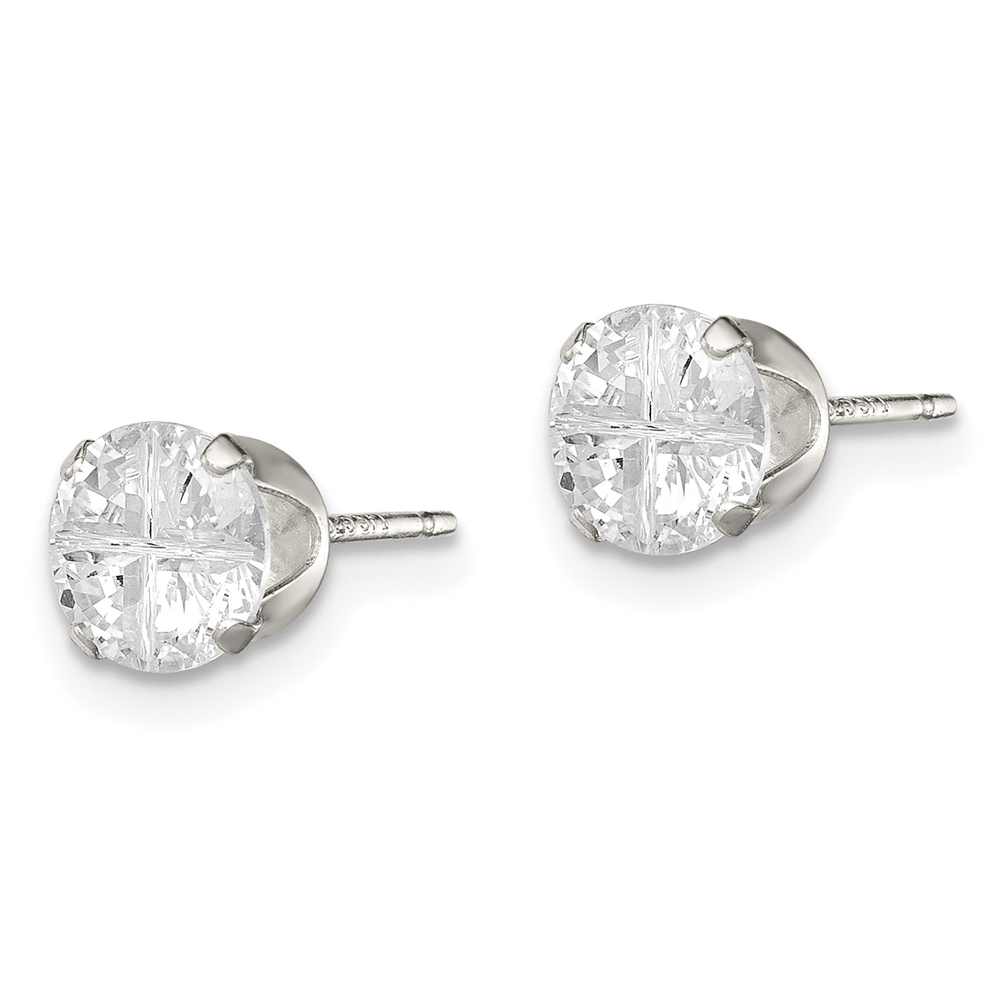 Sterling Silver 6mm Round Snap Set Cross-Cut Cz Stud Earrings