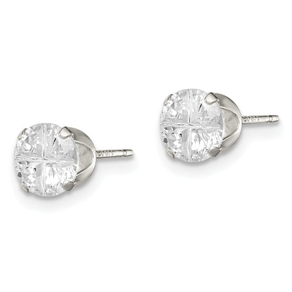 Sterling Silver 6mm Round Snap Set Cross-Cut Cz Stud Earrings