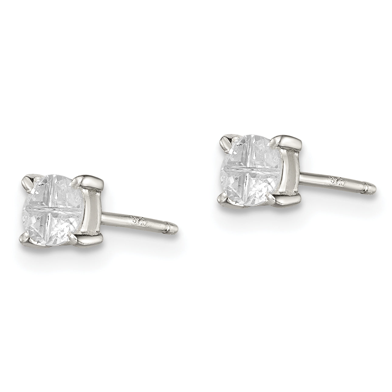 Sterling Silver 4mm Round Basket Set Cross-Cut Cz Stud Earrings