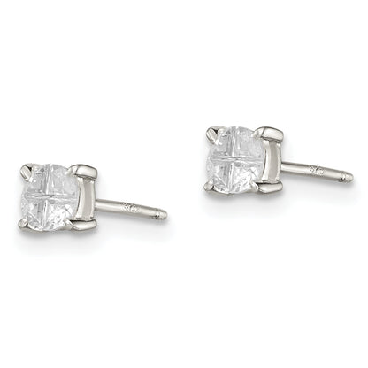 Sterling Silver 4mm Round Basket Set Cross-Cut Cz Stud Earrings