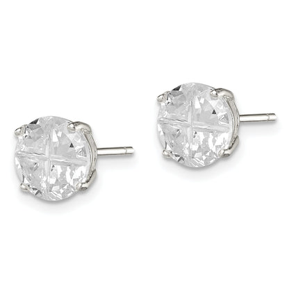 Sterling Silver 8mm Round Basket Set Cross-Cut Cz Stud Earrings