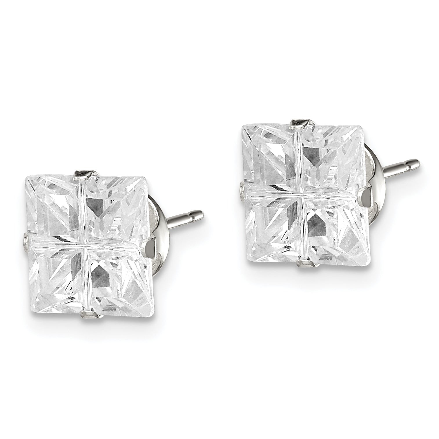Sterling Silver 8mm Square Snap Set Cross-Cut Cz Stud Earrings