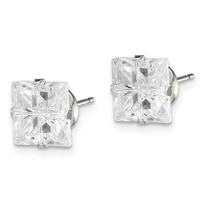 Sterling Silver 8mm Square Snap Set Cross-Cut Cz Stud Earrings