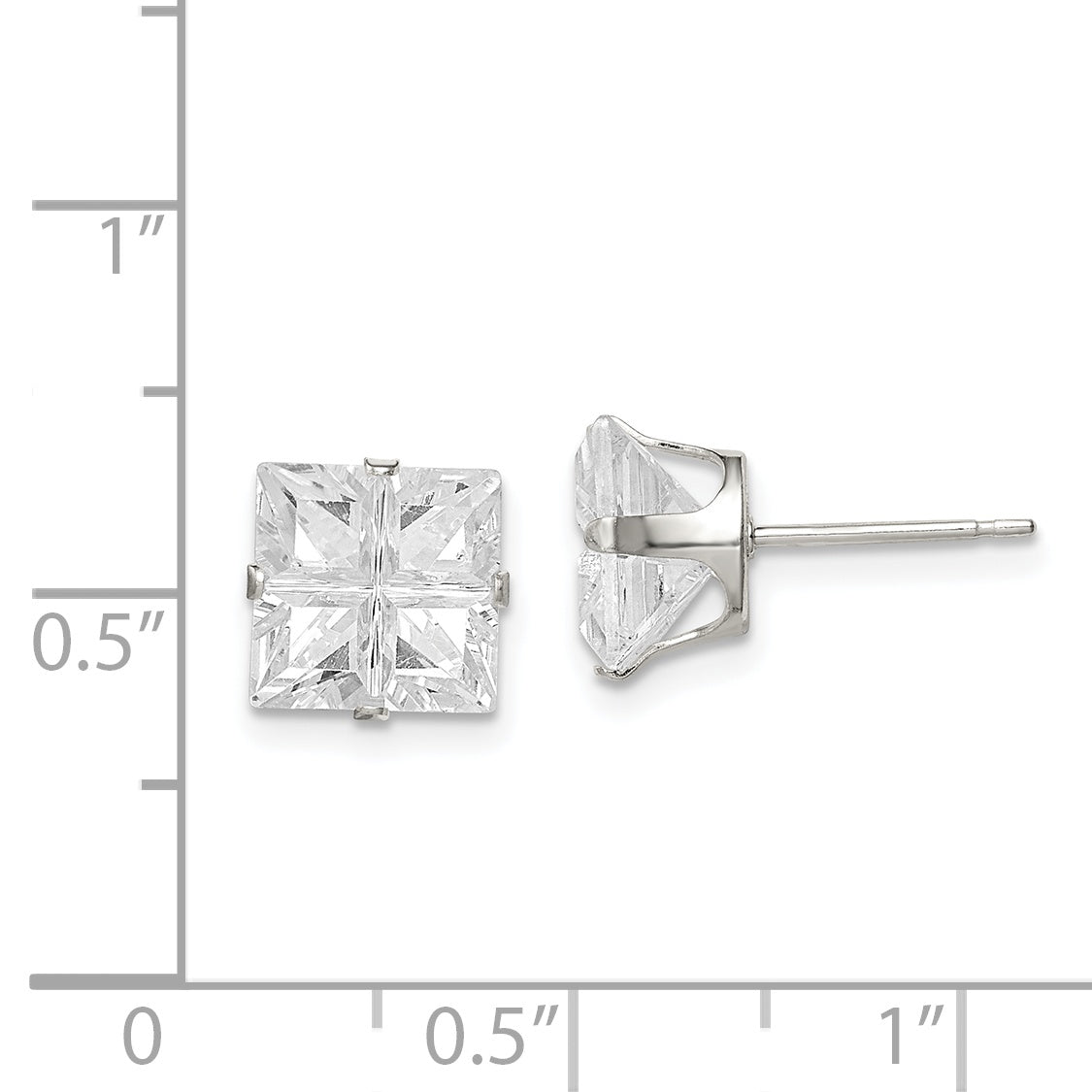 Sterling Silver 8mm Square Snap Set Cross-Cut Cz Stud Earrings