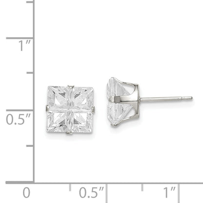 Sterling Silver 8mm Square Snap Set Cross-Cut Cz Stud Earrings