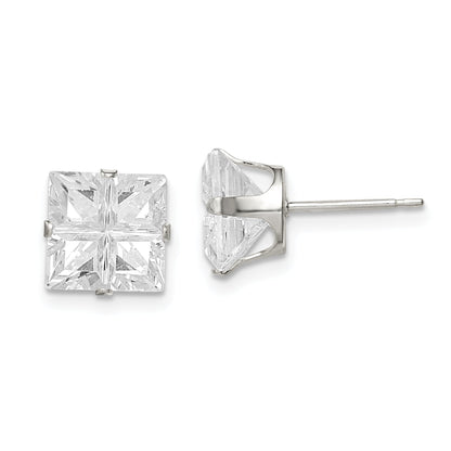 Sterling Silver 8mm Square Snap Set Cross-Cut Cz Stud Earrings