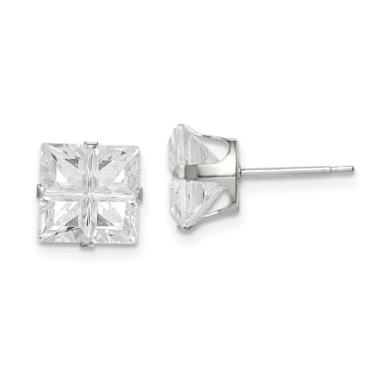 Sterling Silver 8mm Square Snap Set Cross-Cut Cz Stud Earrings