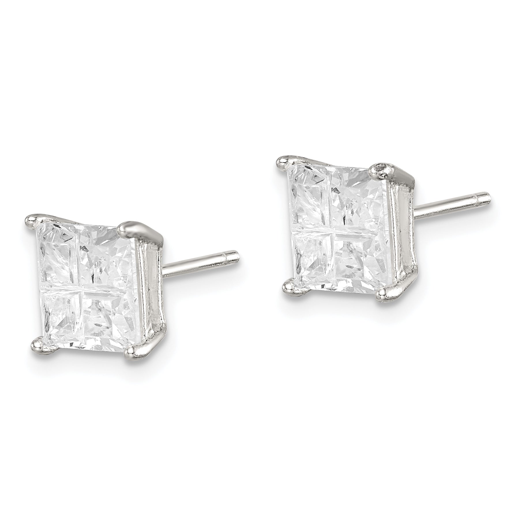 Sterling Silver 7mm Square Cross-Cut Cz Basket Set Stud Earrings