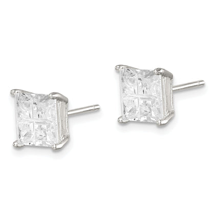 Sterling Silver 7mm Square Cross-Cut Cz Basket Set Stud Earrings