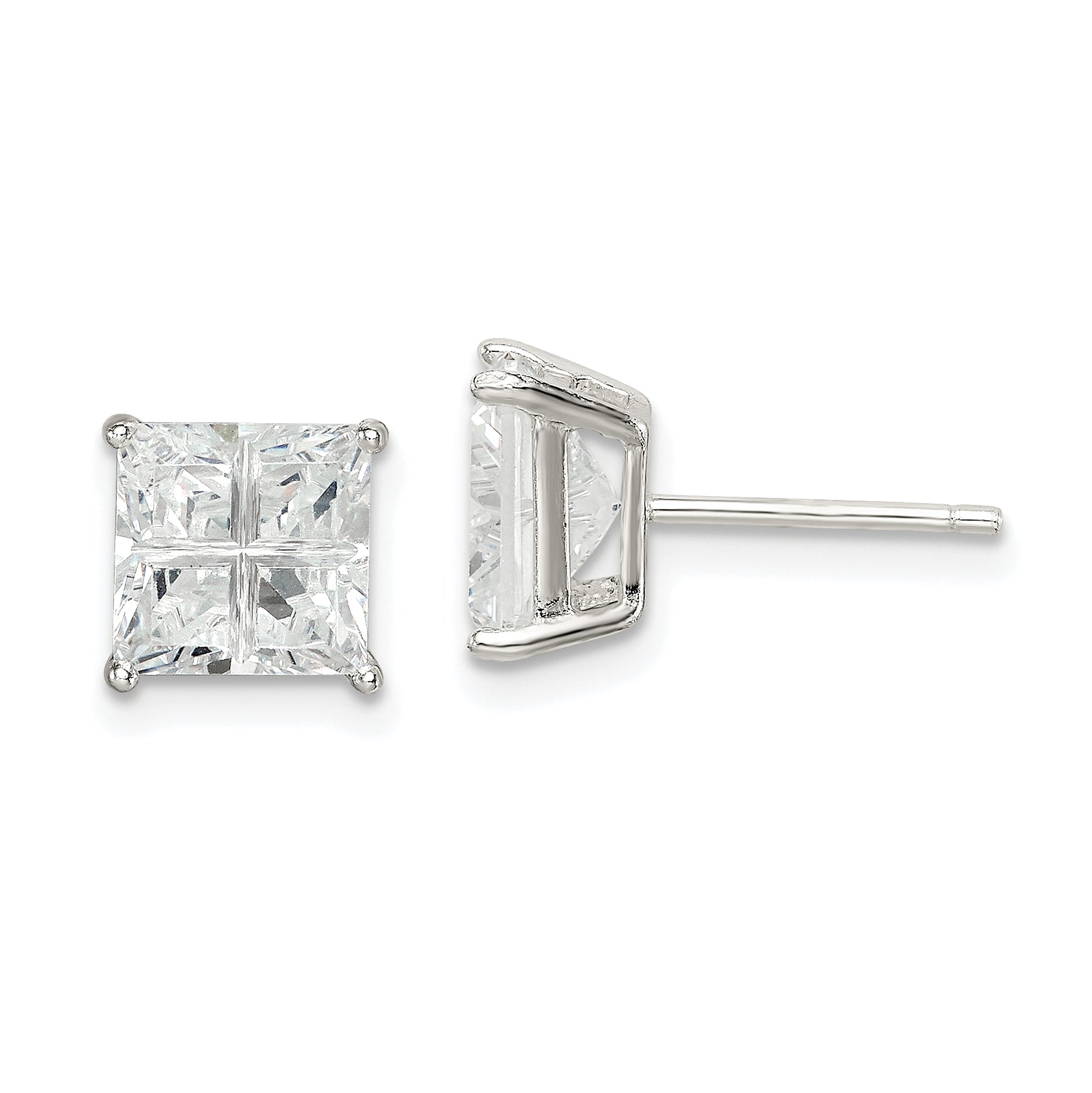 Sterling Silver 7mm Square Cross-Cut Cz Basket Set Stud Earrings