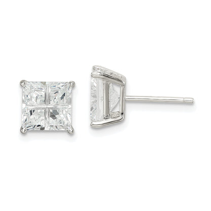 Sterling Silver 7mm Square Cross-Cut Cz Basket Set Stud Earrings
