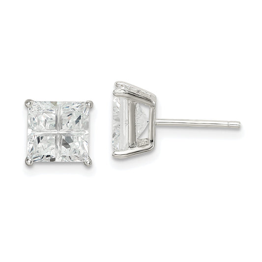 Sterling Silver 7mm Square Cross-Cut Cz Basket Set Stud Earrings