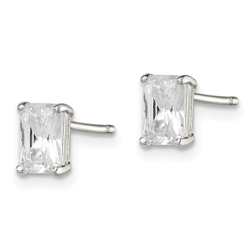 Sterling Silver Polished Emerald-Cut 6X4mm Basket Set Cz Stud Earrings