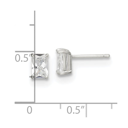Sterling Silver Polished Emerald-Cut 6X4mm Basket Set Cz Stud Earrings