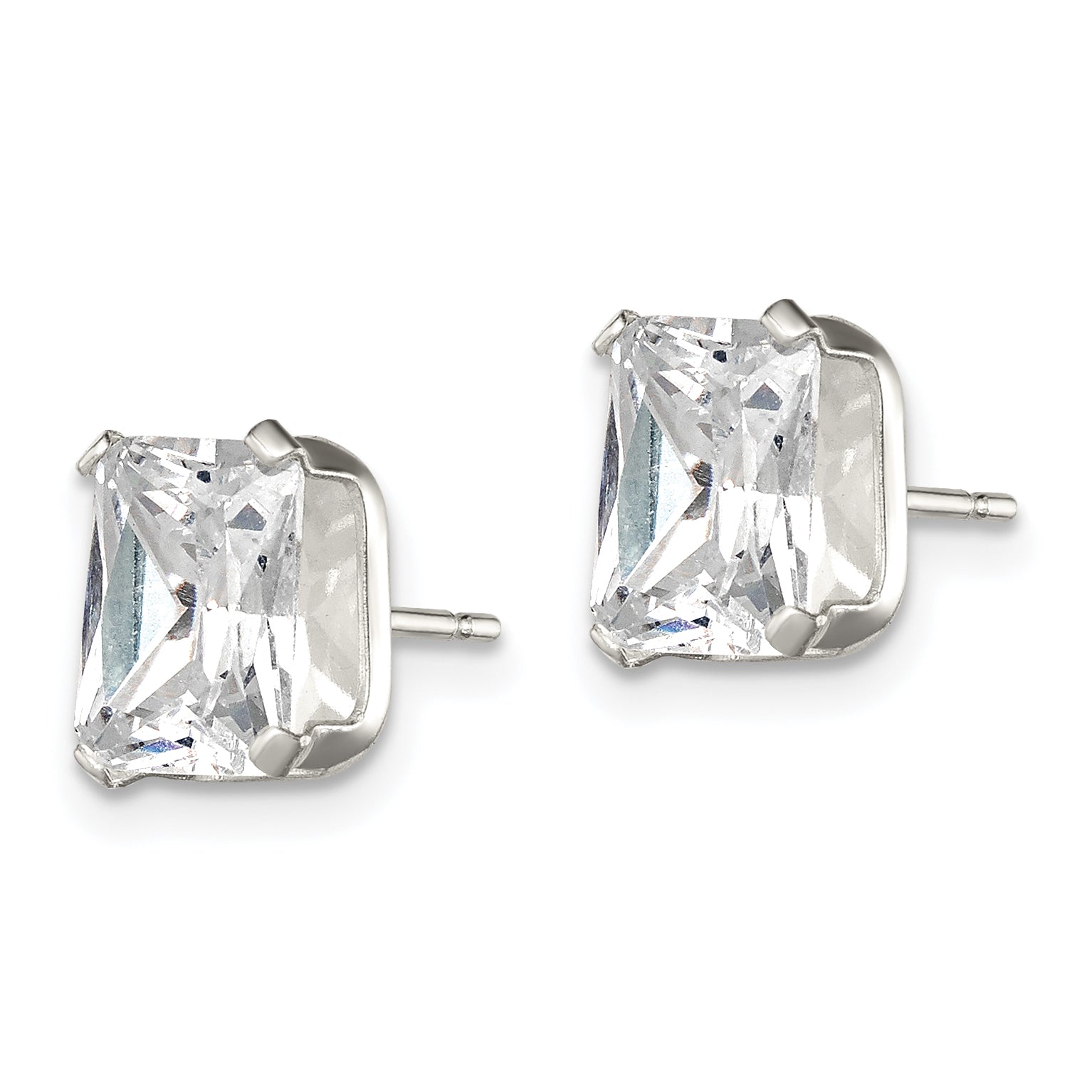 Sterling Silver Polished Emerald-Cut 8X6mm Basket Set Cz Stud Earrings