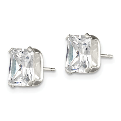 Sterling Silver Polished Emerald-Cut 8X6mm Basket Set Cz Stud Earrings