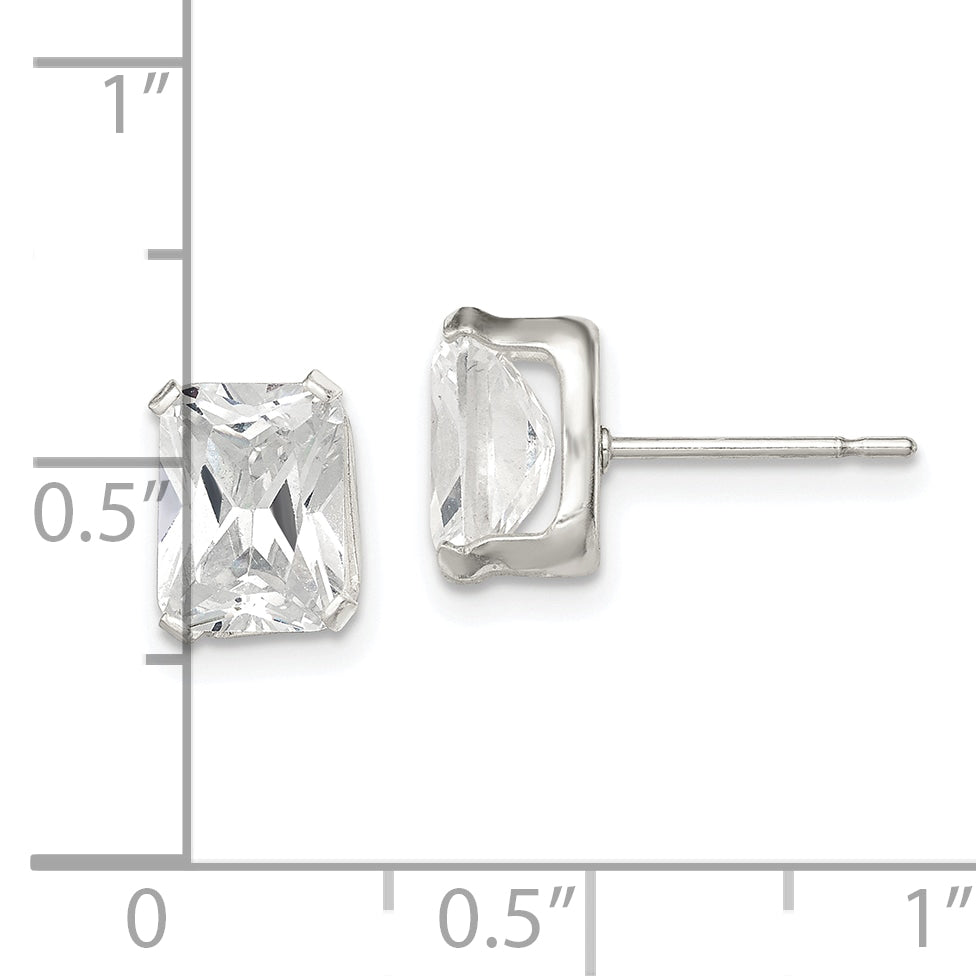 Sterling Silver Polished Emerald-Cut 8X6mm Basket Set Cz Stud Earrings