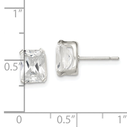 Sterling Silver Polished Emerald-Cut 8X6mm Basket Set Cz Stud Earrings