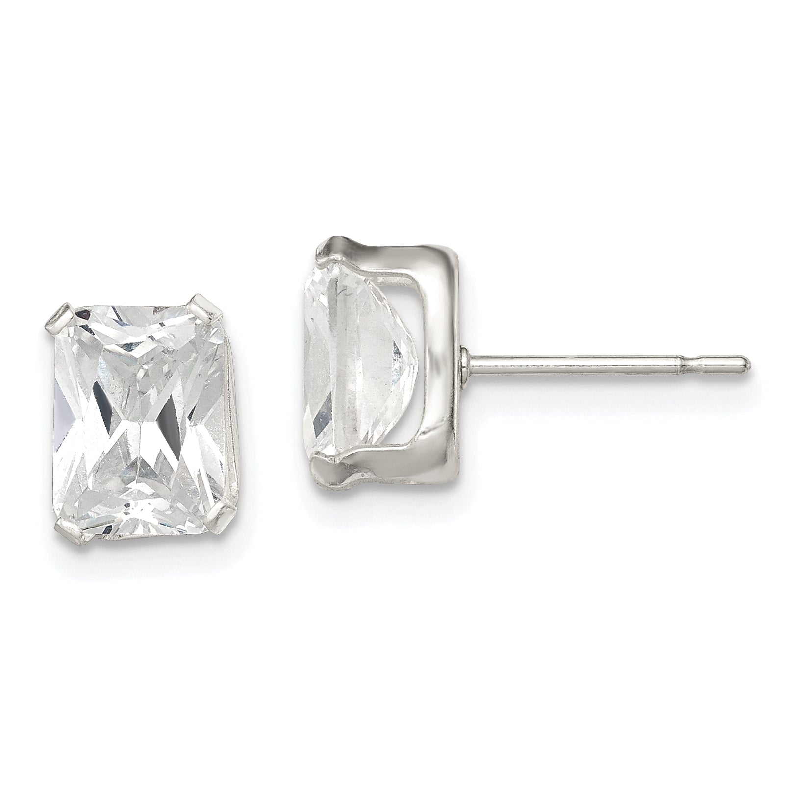 Sterling Silver Polished Emerald-Cut 8X6mm Basket Set Cz Stud Earrings