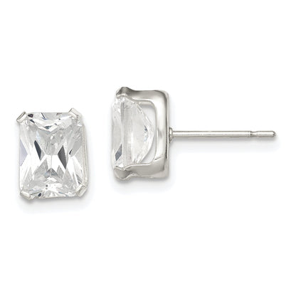 Sterling Silver Polished Emerald-Cut 8X6mm Basket Set Cz Stud Earrings