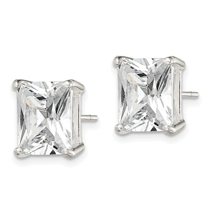 Sterling Silver Polished Emerald-Cut 10X8mm Basket Set Cz Stud Earrings